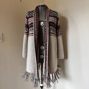 Coco Y Club Grandpa Cardigan Tribal Pattern Fringe Long Sweater L